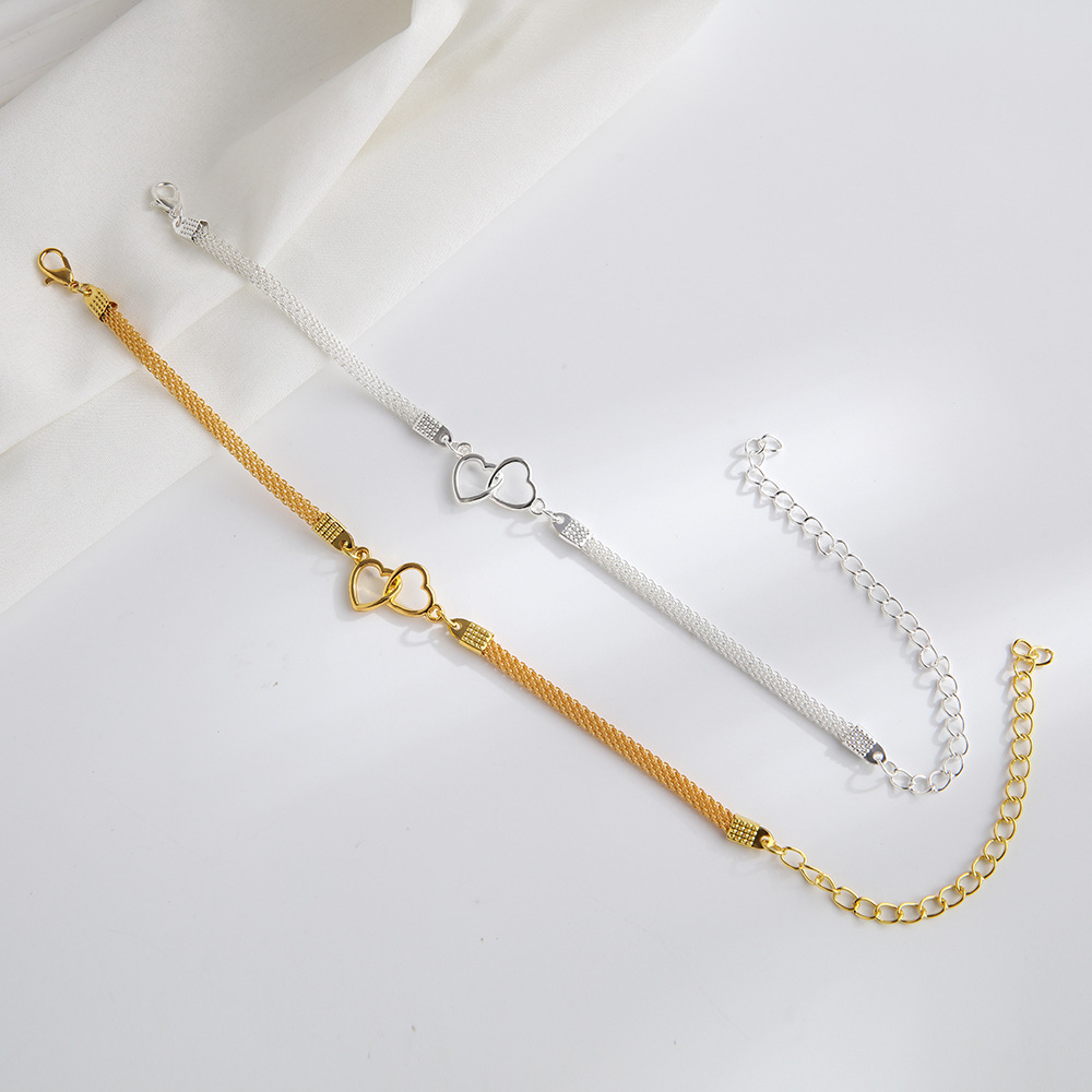 Double Chain Ankle Bracelet Gold Tone Heart Charm Anklet